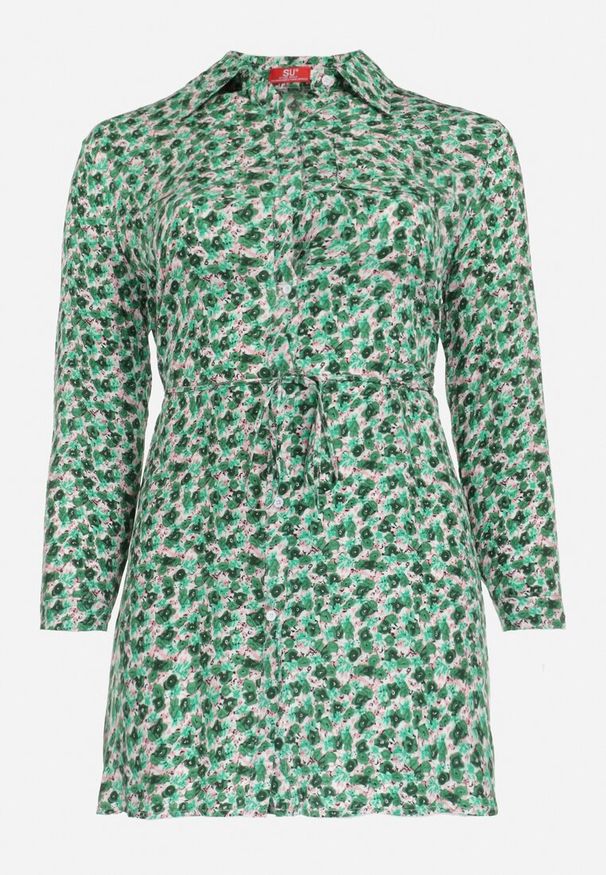 Born2be - Zielona Koszulowa Sukienka Mini w Kwiaty z Materiałowym Paskiem i Podpinanymi Rękawami Isamone. Kolekcja: plus size. Kolor: zielony. Materiał: materiał. Wzór: kwiaty. Sezon: wiosna, lato. Typ sukienki: koszulowe. Długość: mini