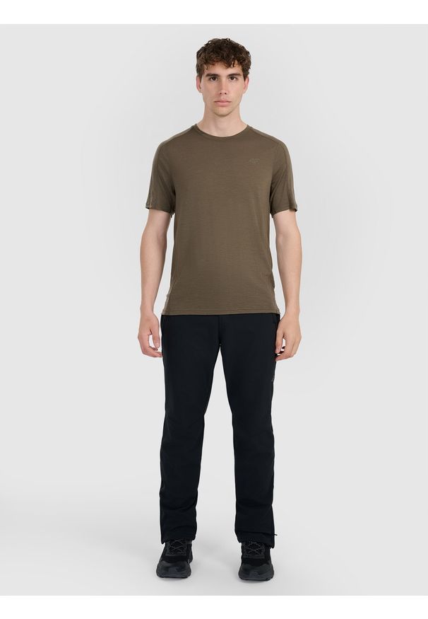 4f - 4F Koszulka trekkingowa z wełną merino męska - oliwkowa/khaki S. Okazja: na co dzień. Kolor: brązowy, wielokolorowy, oliwkowy. Materiał: wełna. Styl: casual