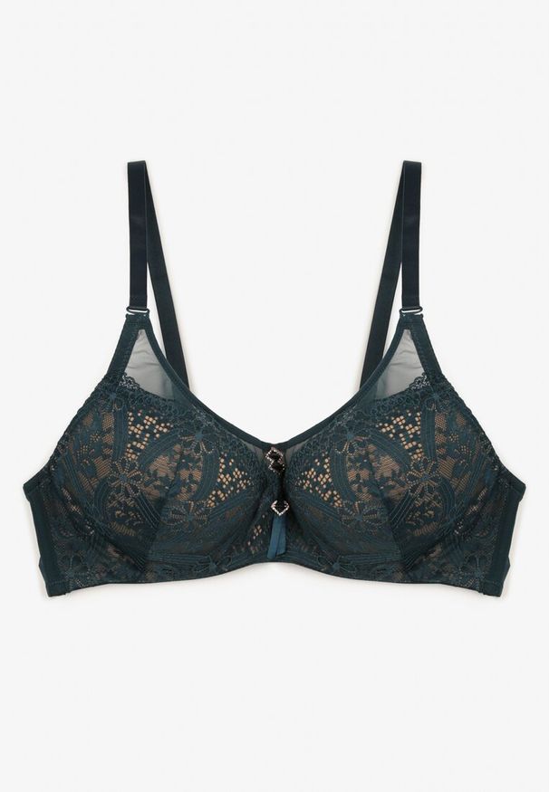 Born2be - Zielony Biustonosz Full Cup z Koronką i Metalowymi Klamerkami z Cyrkoniami Cindella. Kolor: zielony. Materiał: koronka. Wzór: koronka