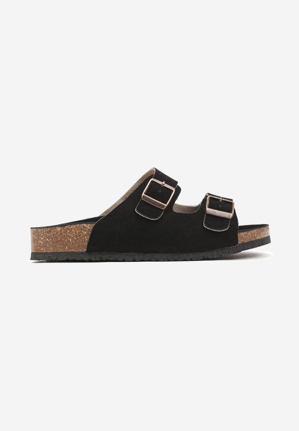 Renee - Czarne Klapki z Szerokim Paskiem na Sprzączki Avelira. Okazja: na plażę, na co dzień, na spacer. Kolor: czarny. Materiał: jeans. Sezon: lato. Styl: casual