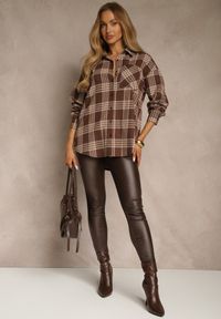 Renee - Brązowa Koszula z Bawełny Ozdobiona Kratą Monitela. Okazja: na co dzień. Kolor: brązowy. Materiał: bawełna. Wzór: aplikacja. Styl: klasyczny, casual #5