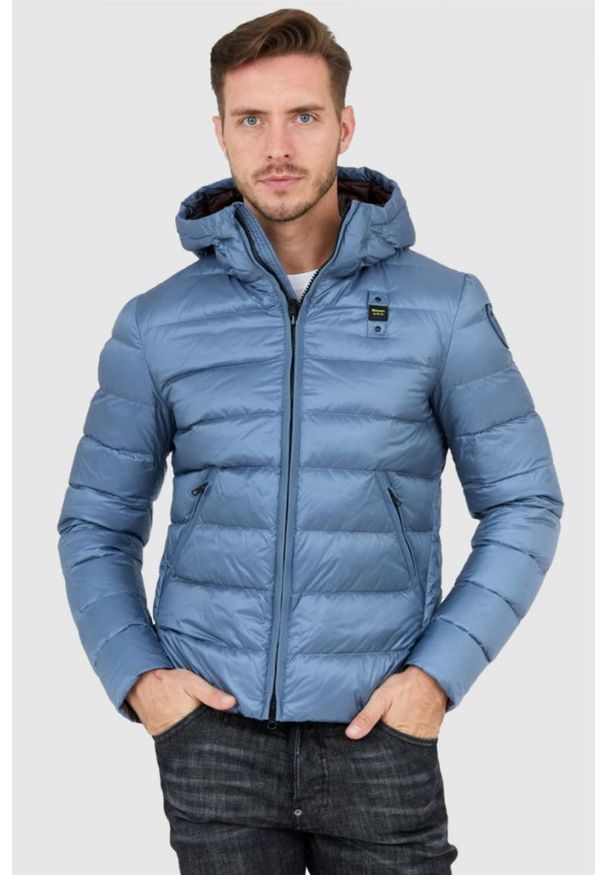 Blauer USA - BLAUER Niebieska puchowa kurtka męska z kapturem, Rozmiar 3XL. Typ kołnierza: kaptur. Kolor: niebieski. Materiał: puch