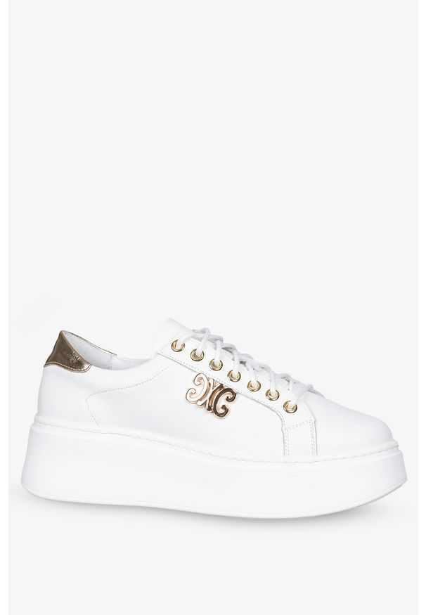 Casu - Białe sneakersy skórzane damskie na platformie z ozdobą sznurowane produkt polski casu ds-739. Kolor: biały, wielokolorowy, złoty. Materiał: skóra. Szerokość cholewki: normalna. Wzór: aplikacja. Obcas: na platformie