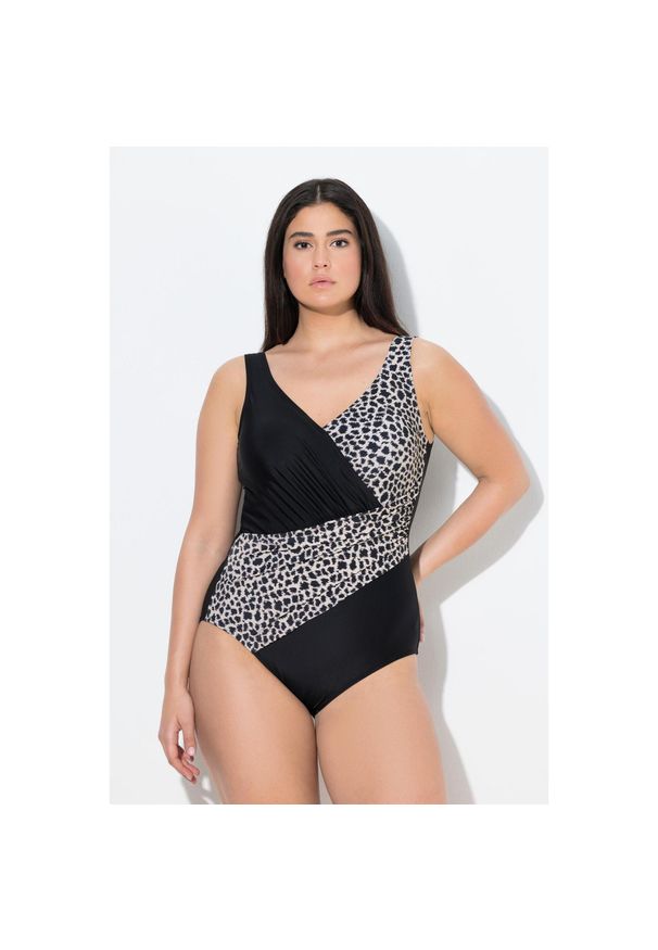 ULLA POPKEN - Damskie Kostium kąpielowy drapowanie miękkie miseczki. Kolekcja: plus size. Kolor: czarny. Materiał: materiał, elastan, poliamid