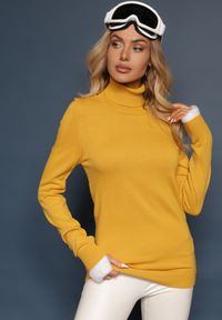 Renee - Żółty Klasyczny Golf ze Ściągaczami przy Rękawach Felinia. Typ kołnierza: golf. Kolor: żółty. Materiał: jeans. Długość rękawa: długi rękaw. Długość: długie. Wzór: aplikacja, bez wzorów. Styl: klasyczny #3