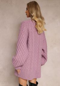Renee - Fioletowy Długi Sweter Ozdobiony Drobnym Splotem Killoe. Kolor: fioletowy. Materiał: jeans. Długość: długie. Wzór: ze splotem, aplikacja #3
