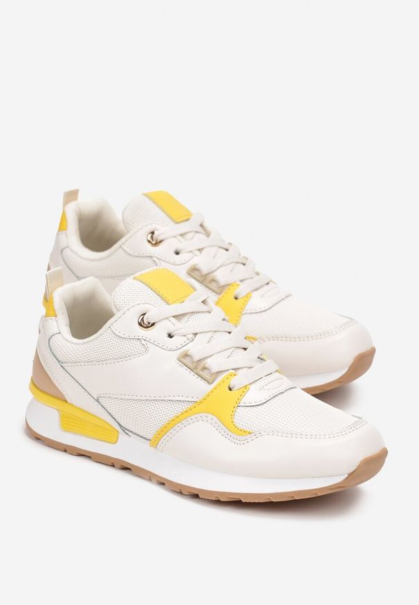 Born2be - Biało-Żółte Sneakersy z Cholewką przed Kostkę i Ozdobnymi Przeszyciami Elsinaine. Okazja: na co dzień. Wysokość cholewki: przed kostkę. Kolor: biały. Szerokość cholewki: normalna