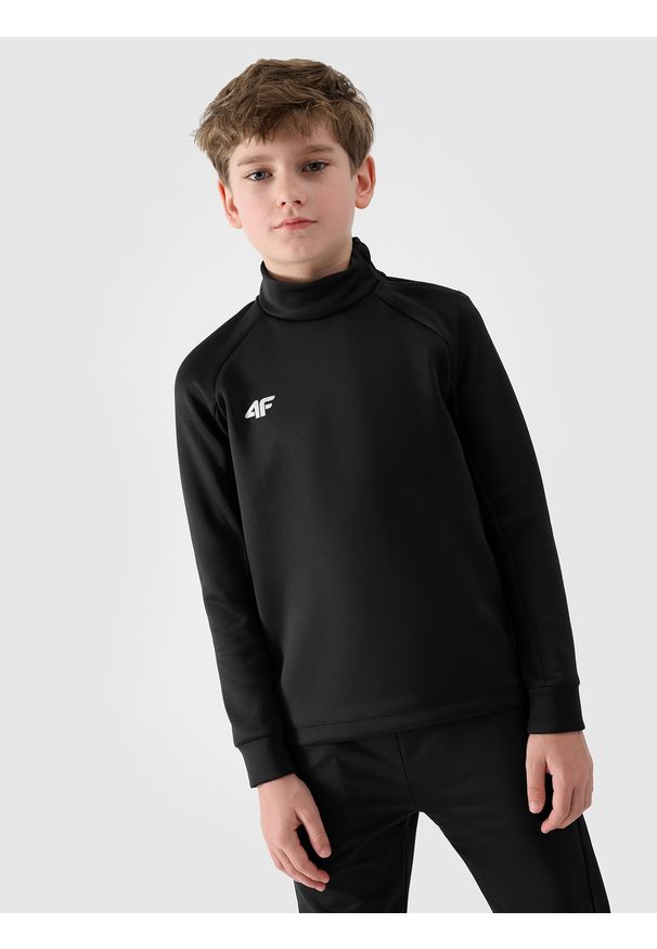 4f - Bluza dresowa nierozpinana bez kaptura chłopięca - czarna. Typ kołnierza: bez kaptura. Kolor: czarny. Materiał: dresówka. Wzór: gładki, jednolity, ze splotem. Styl: sportowy, klasyczny