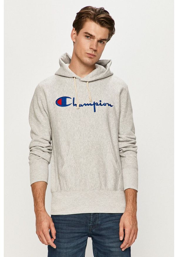 Champion - Bluza. Kolor: szary. Materiał: dzianina. Wzór: aplikacja