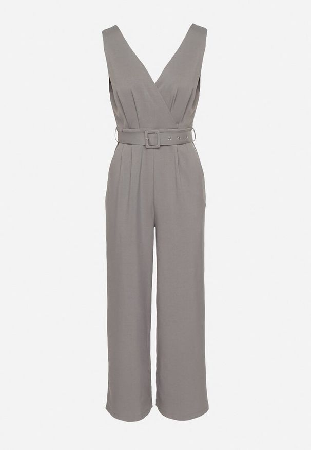 Born2be - Szary Kombinezon Taliowany z Kopertowym Dekoltem i Paskiem z Klamrą Ronivae. Okazja: na co dzień. Kolor: szary. Styl: casual, klasyczny, elegancki