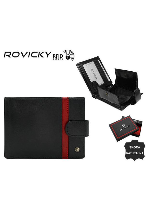 ROVICKY - Portfel skórzany Rovicky N61L-RVTP czarny. Kolor: czarny. Materiał: skóra. Wzór: aplikacja