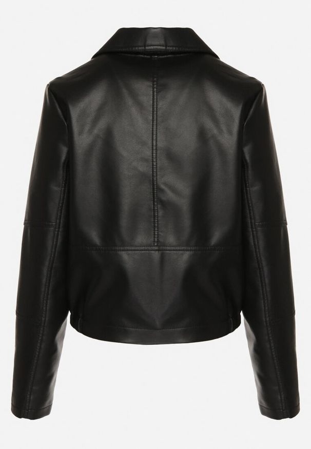 Born2be - Czarna Kurtka Ramoneska z Asymetrycznym Zamkiem i Ozdobnymi Klapami Accorda. Okazja: na co dzień. Kolor: czarny. Materiał: jeans. Styl: casual, elegancki, klasyczny