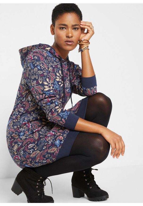 bonprix - Sukienka dresowa z nadrukiem, długi rękaw. Kolor: niebieski. Materiał: dresówka. Długość rękawa: długi rękaw. Wzór: nadruk