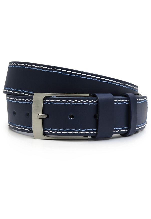 Granatowy pasek męski do jeansów z białym i błękitnym przeszyciem KMG28. Kolor: biały, wielokolorowy, niebieski. Materiał: jeans. Styl: elegancki, klasyczny