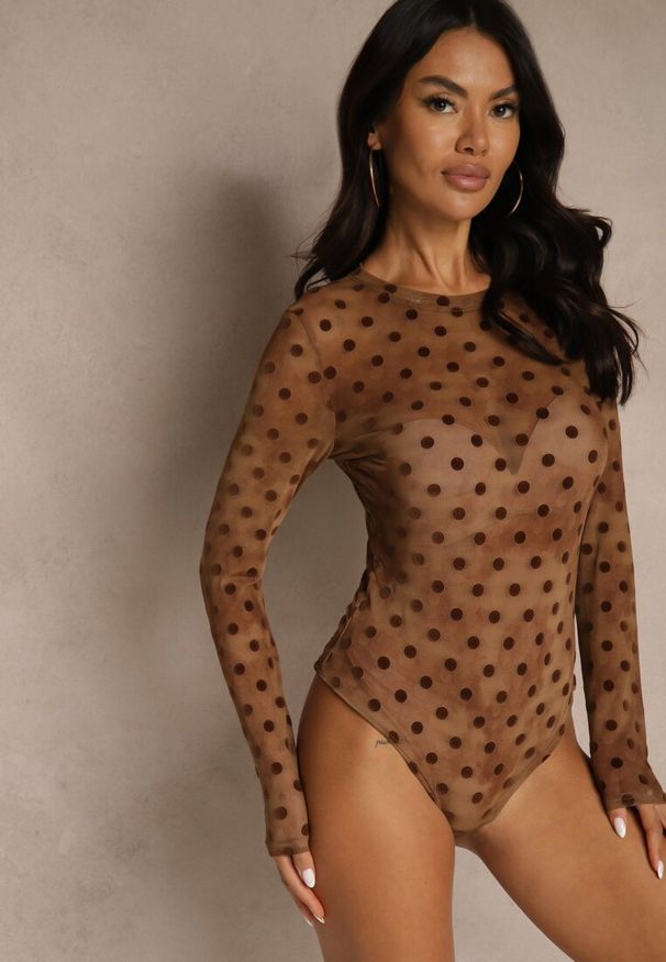 Renee - Brązowe Transparentne Body z Wiskozą w Kropki z Weluru Lianassa. Kolor: brązowy. Materiał: welur, wiskoza. Wzór: kropki. Styl: street