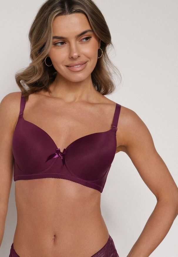 Born2be - Ciemnofioletowy Gładki Biustonosz Zdobiony Kokardką Ocerien. Kolor: fioletowy. Materiał: koronka. Wzór: aplikacja, gładki
