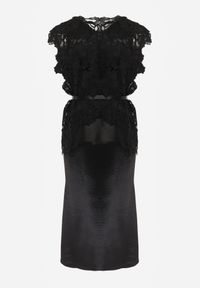 Renee - Czarny Bawełniano-Wiskozowy Komplet z Koronkową Bluzką i Satynową Sukienką Peisiete. Kolor: czarny. Materiał: satyna, bawełna, wiskoza, koronka. Wzór: koronka #6