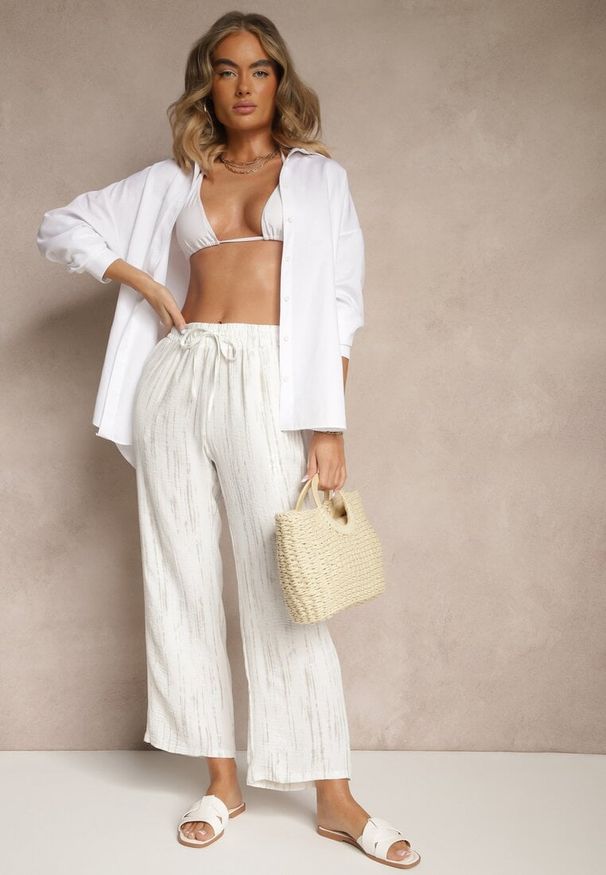Renee - Białe Spodnie High Waist ze Sznurkiem Savurelle. Okazja: na co dzień. Stan: podwyższony. Kolor: biały. Wzór: aplikacja. Styl: sportowy, casual
