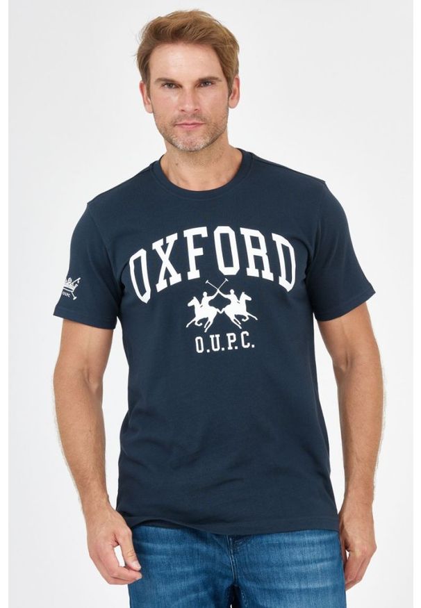 La Martina - LA MARTINA Granatowy t-shirt męski z dużym logo, Rozmiar S. Kolor: niebieski. Materiał: jersey