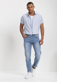 Born2be - Biało-Niebieska Koszula Theisine. Okazja: na co dzień. Kolor: biały. Materiał: materiał, tkanina, jeans. Długość rękawa: krótki rękaw. Długość: krótkie. Wzór: paski. Styl: casual, klasyczny #6