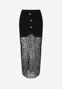 Born2be - Czarna Dzianinowa Spódnica z Wiskozą Zdobiona Koronką i Guzikami Sewora. Okazja: na co dzień. Kolor: czarny. Materiał: koronka, wiskoza, dzianina. Wzór: koronka, aplikacja. Styl: klasyczny, casual #5