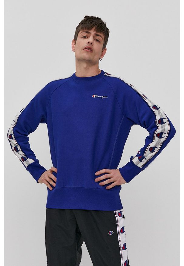 Champion - Bluza. Kolor: niebieski. Materiał: dzianina. Długość rękawa: raglanowy rękaw. Wzór: gładki, aplikacja