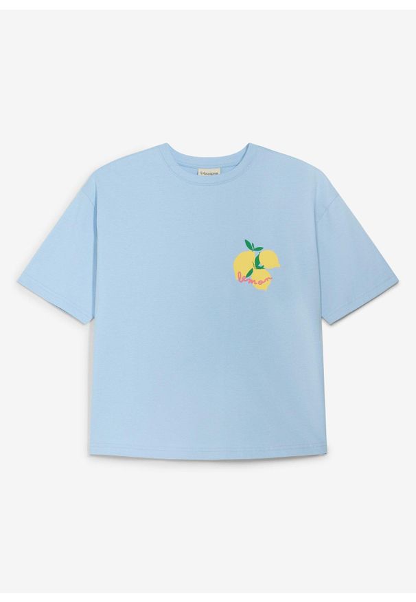 bonprix - T-shirt oversize z czystej bawełny organicznej. Okazja: na co dzień. Kolor: niebieski. Materiał: bawełna. Długość rękawa: krótki rękaw. Długość: krótkie. Wzór: nadruk. Styl: casual