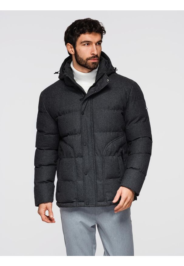 Ombre Clothing - Casualowa męska kurtka puffer z wełną – czarny melanż V2 - Rozmiar: XL. Okazja: na co dzień. Typ kołnierza: kołnierzyk stójkowy. Kolor: czarny. Materiał: wełna. Długość: długie. Wzór: melanż. Styl: casual