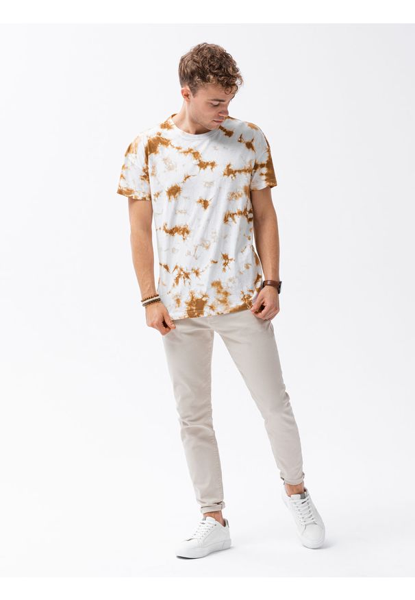 Ombre Clothing - T-shirt męski bawełniany S1373 - beżowy/biały - XXL. Kolor: biały. Materiał: bawełna. Długość: krótkie. Sezon: lato