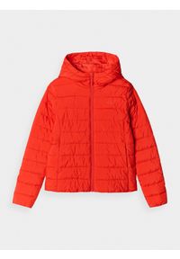 4f - 4F Kurtka puchowa z wypełnieniem z recyklingu damska - czerwona S. Okazja: na co dzień. Typ kołnierza: kaptur, kołnierzyk stójkowy. Kolor: czerwony. Materiał: puch. Długość: długie. Styl: klasyczny, casual, sportowy #1