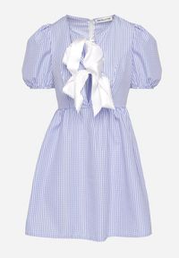 Born2be - Jasnoniebieska Rozkloszowana Sukienka w Kratkę Vichy w Stylu Retro z Wiązaniem Telionea. Okazja: na co dzień. Kolor: niebieski. Wzór: kratka. Typ sukienki: rozkloszowane. Styl: retro #6