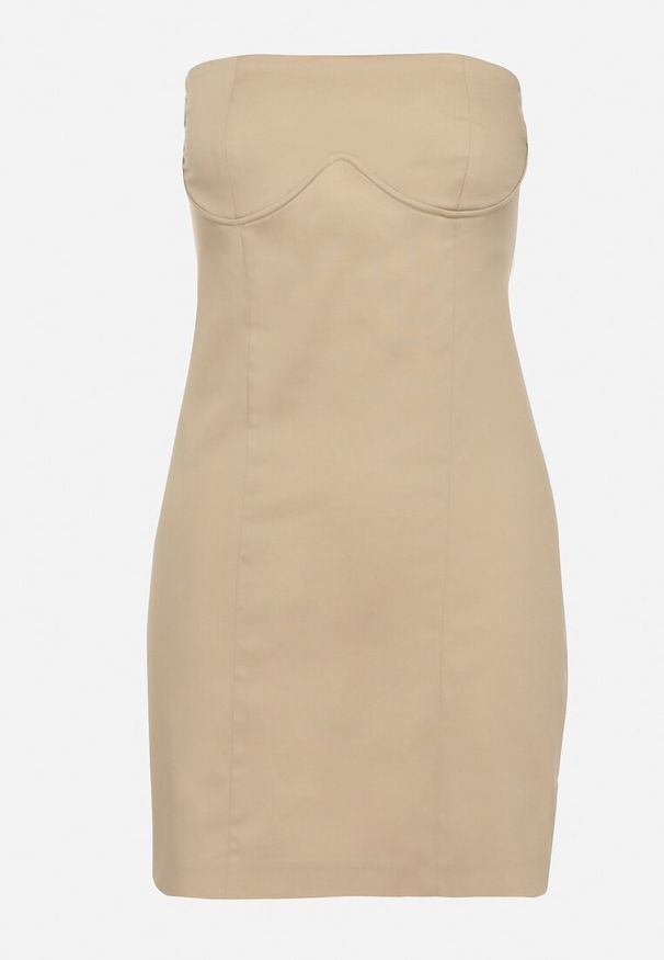 Born2be - Beżowa Dopasowana Sukienka Wieczorowa z Bawełny bez Ramiączek Jestane. Okazja: na co dzień. Kolor: beżowy. Materiał: bawełna. Długość rękawa: bez ramiączek. Sezon: lato. Typ sukienki: proste. Styl: wizytowy