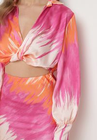 Born2be - Fuksjowo-Pomarańczowy Letni Komplet Krótka Koszula z Przeplatanym Dekoltem Spódnica z Gumką w Pasie Wedna. Kolor: różowy. Materiał: tkanina #3