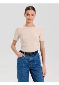 Sinsay - Bawełniana koszulka basic - beżowy. Kolor: beżowy. Materiał: bawełna