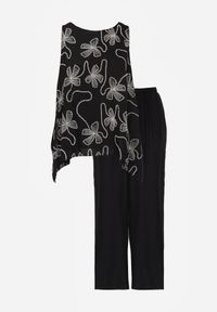 Renee - Czarny Wiskozowy Komplet z Lnem w Stylu Boho Spodnie i Bluzka z Haftem Marymene. Kolor: czarny. Materiał: wiskoza, len. Wzór: haft #7