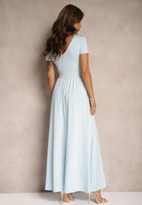 Renee - Miętowa Sukienka Maxi z Rozkloszowanym Dołem i Rozcięciem Zarya. Kolor: niebieski. Długość rękawa: krótki rękaw. Długość: maxi