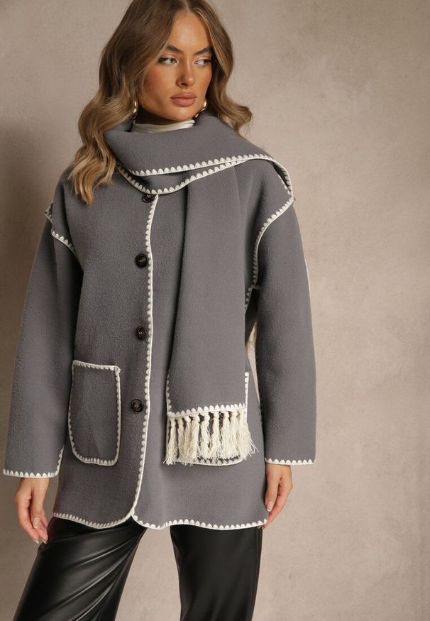 Renee - Szara Kurtka Oversize z Szalikiem i Ozdobnymi Przeszyciami Claritila. Okazja: na co dzień. Kolor: szary. Materiał: jeans. Styl: casual