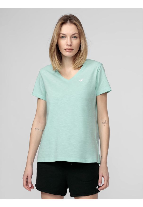 4f - T-shirt regular gładki damski. Materiał: bawełna. Wzór: gładki