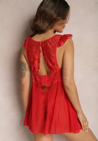 Renee - Czerwona Koronkowa Koszula Nocna Mini z Siateczki ze Stringami w Komplecie Tuala. Kolor: czerwony. Materiał: koronka