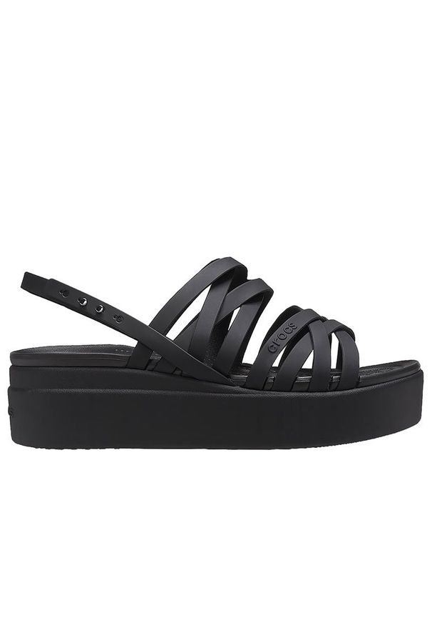 Klapki Crocs Brooklyn Strappy Low Wedge 206751-001 - czarne. Kolor: czarny. Materiał: materiał. Wzór: paski. Sezon: lato. Obcas: na platformie. Styl: klasyczny