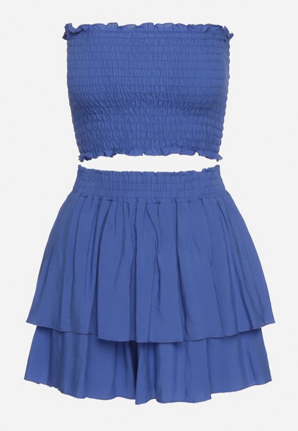 Born2be - Niebieski Bawełniany Komplet Krótki Top bez Ramiączek Szorty z Gumką w Pasie i Falbanką Tesmara. Kolor: niebieski. Materiał: bawełna