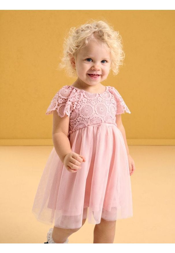 Sinsay - Koronkowa sukienka z tiulowym dołem - różowy. Kolor: różowy. Materiał: tiul, koronka