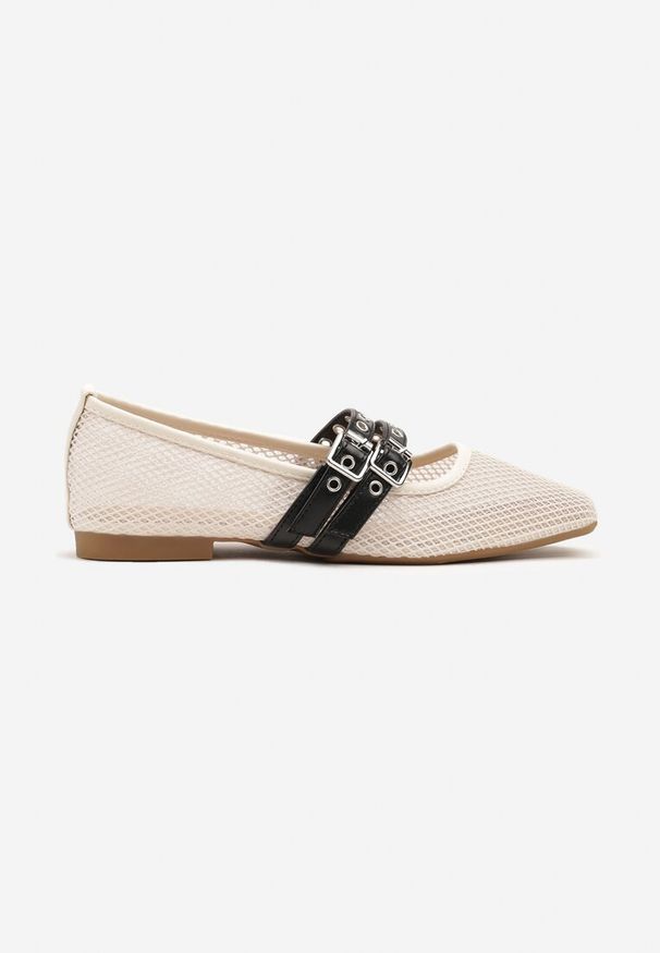 Renee - Beżowe Siateczkowe Balerinki z Dwoma Paskami Tirlevi. Okazja: na co dzień. Zapięcie: pasek. Kolor: beżowy. Styl: elegancki, casual