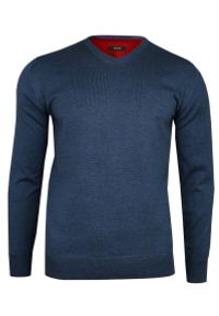 Sweter w Serek, Niebieski Elegancki, Męski (V-neck) -MM Classic- w Serek, Klasyczny. Okazja: na co dzień, na spotkanie biznesowe, do pracy. Typ kołnierza: dekolt w serek. Kolor: niebieski. Materiał: akryl, bawełna. Styl: klasyczny, elegancki