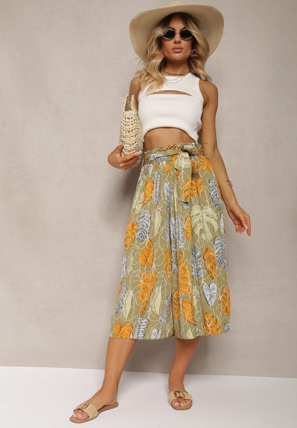 Renee - Jasnozielone Spodnie Szwedy z Bawełną High Waist Wykończone Gumką w Talii Pasefia. Okazja: do pracy, na co dzień. Stan: podwyższony. Kolor: zielony. Materiał: bawełna. Styl: casual, elegancki