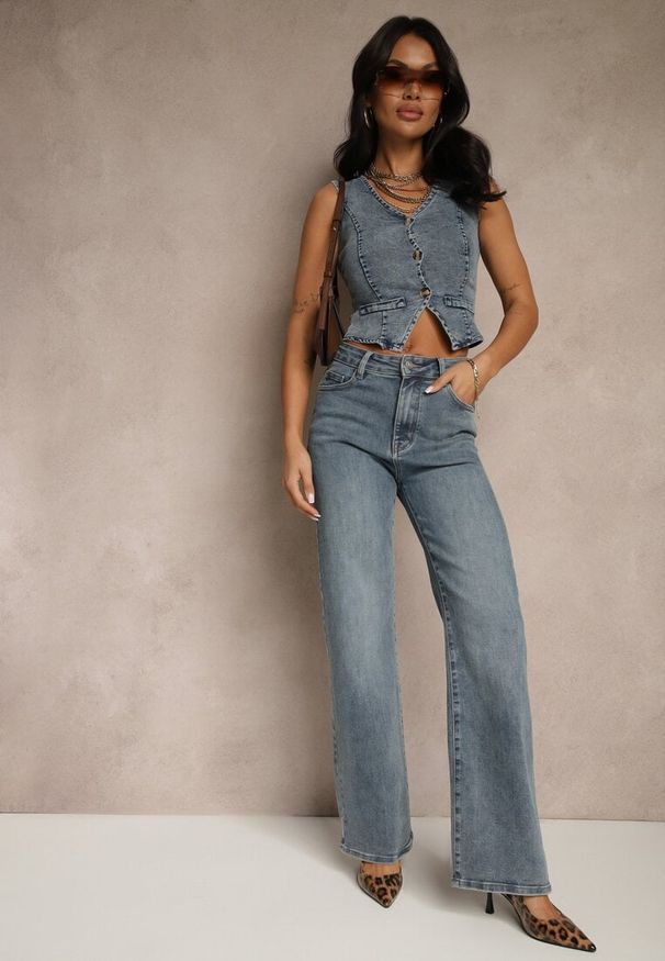 Renee - Niebieskie Jeansy High Waist z Szeroką Nogawką Uliswena. Okazja: na co dzień. Stan: podwyższony. Kolor: niebieski. Styl: casual, elegancki