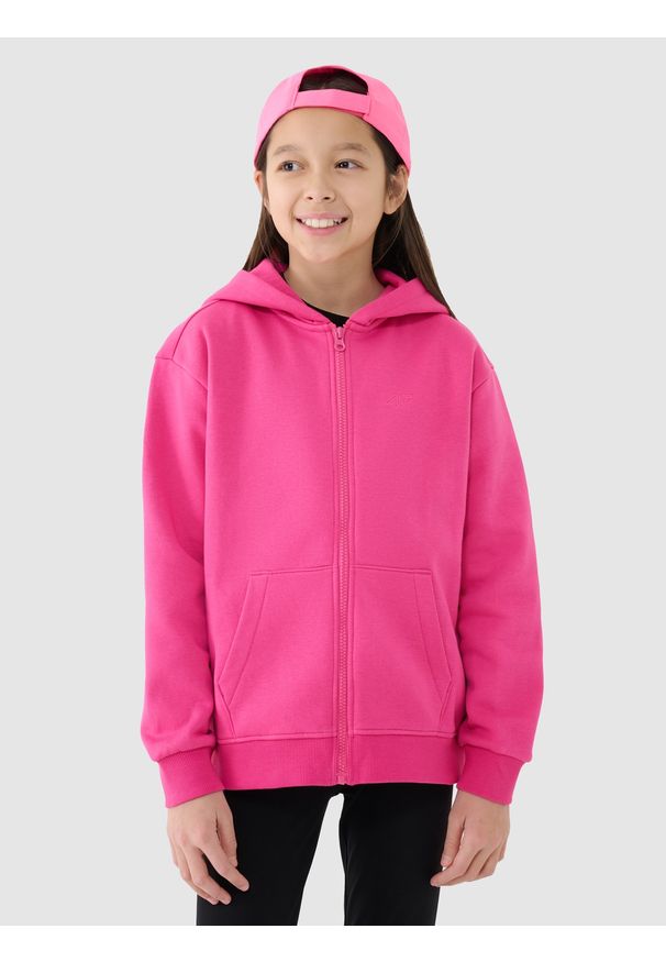 4f - 4F Bluza dresowa rozpinana z kapturem dziewczęca - różowa 164 (13-14 lat). Okazja: na co dzień. Typ kołnierza: kaptur. Kolor: różowy. Materiał: dresówka. Wzór: gładki, ze splotem. Sezon: lato. Styl: casual, sportowy