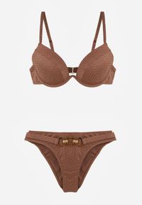 Born2be - Brązowe Bikini Dwuczęściowe w Geometryczny Wzór z Ozdobą na Majtkach Corraenia. Kolekcja: plus size. Kolor: brązowy. Długość: długie. Wzór: aplikacja, geometria #2