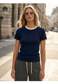 Sinsay - Bawełniana bluzka z krótkim rękawem - granatowy. Kolor: niebieski. Materiał: bawełna. Długość rękawa: krótki rękaw. Długość: krótkie