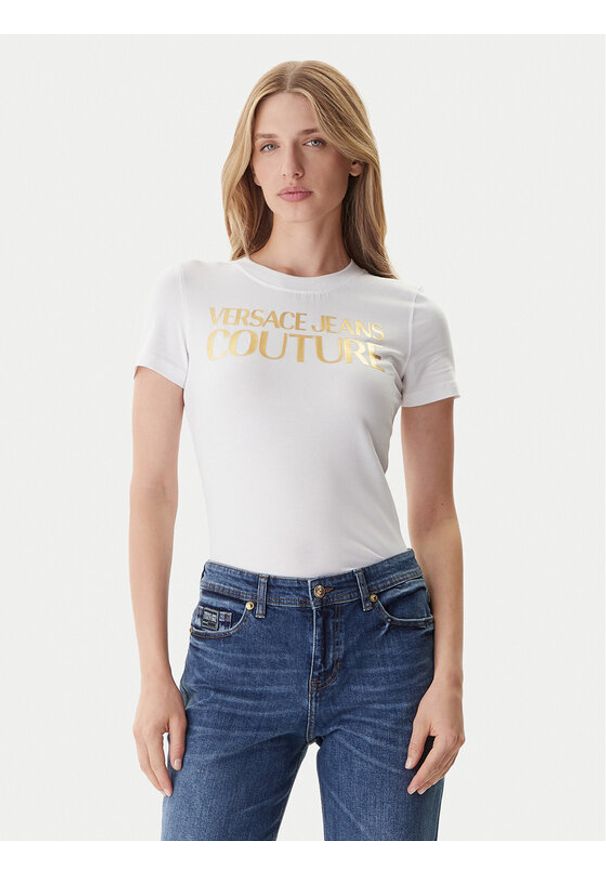 Versace Jeans Couture T-Shirt 79HAHT02 CJ03T Biały Regular Fit. Kolor: biały. Materiał: bawełna